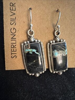 Black Jack Turquoise Inlay Rectangle Drop Earrings 925 silver